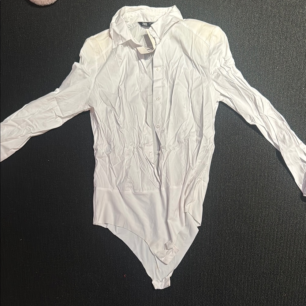 White Zara Button Down Bodysuit With Shoulder Pads